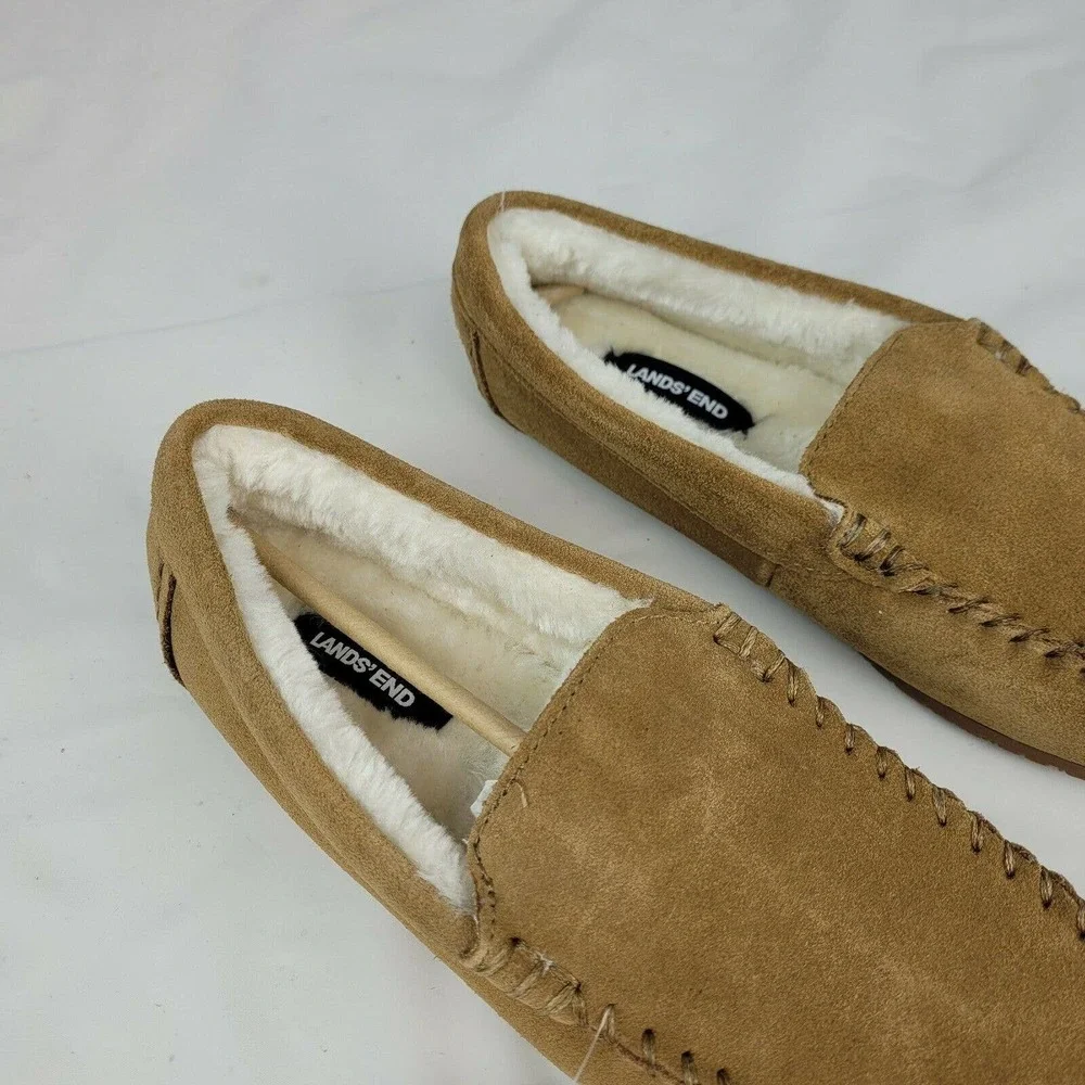 Lands' End Womens Suede Leather Moccasin Slippers English Tan NWT - Picture 2 of 12